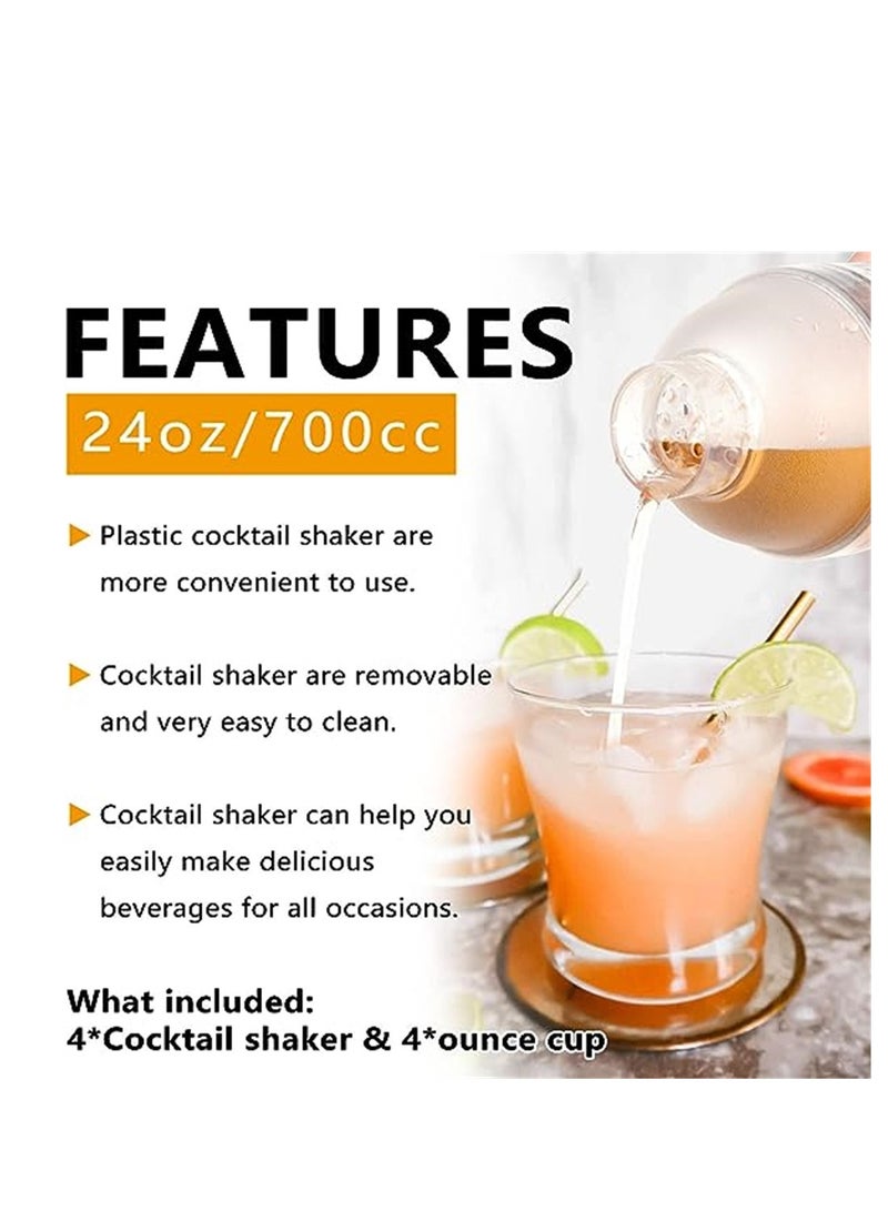 Plastic Cocktail Shaker 4 Pcs 24oz Drink Mixer Drink Shaker with 4 Pcs Ounce Cup Plastic Shaker Bottle Tea Drink Mixer Cocktail Measuring Cup for Kitchen Bar Party Tools