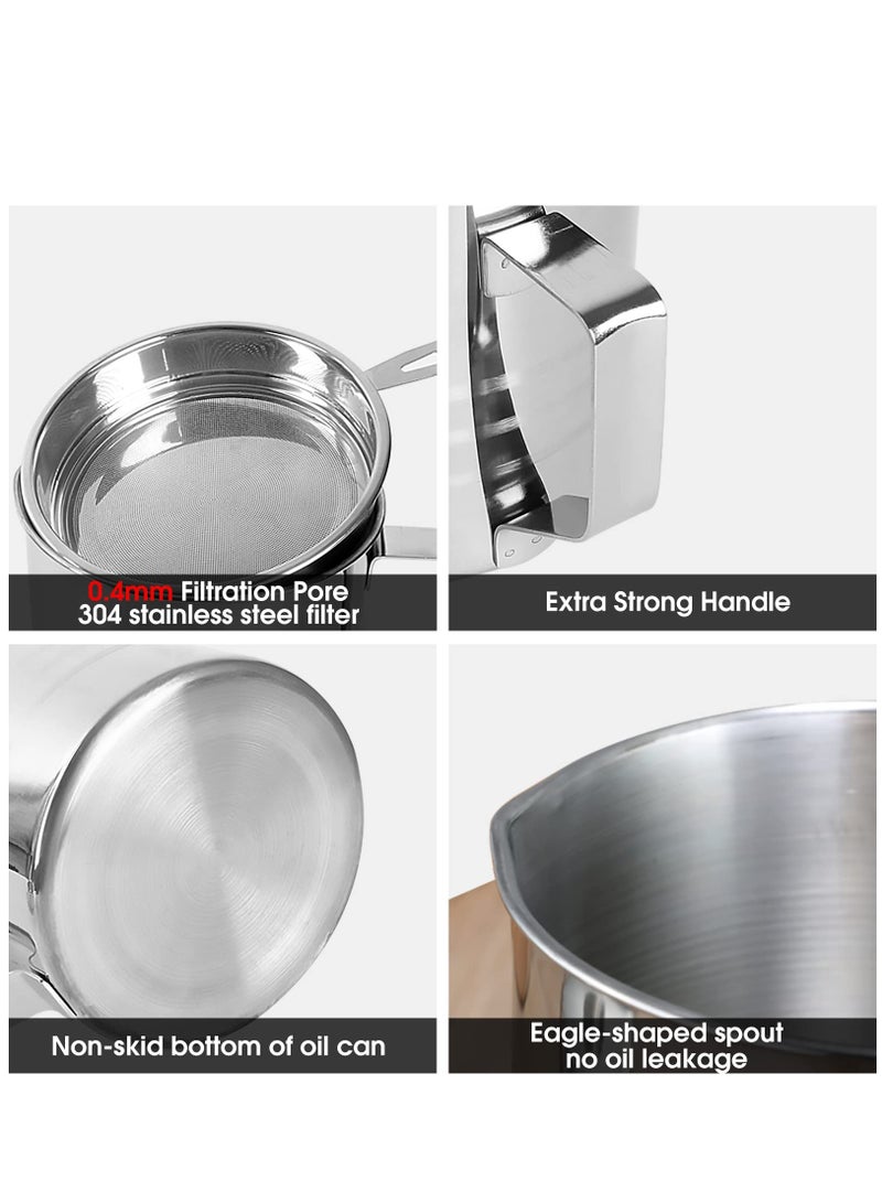 1.2L Oil Strainer Container Stainless Steel Kitchen Cooking Oil Storage Pot Grease Keeper with Detachable Fine Mesh Filter