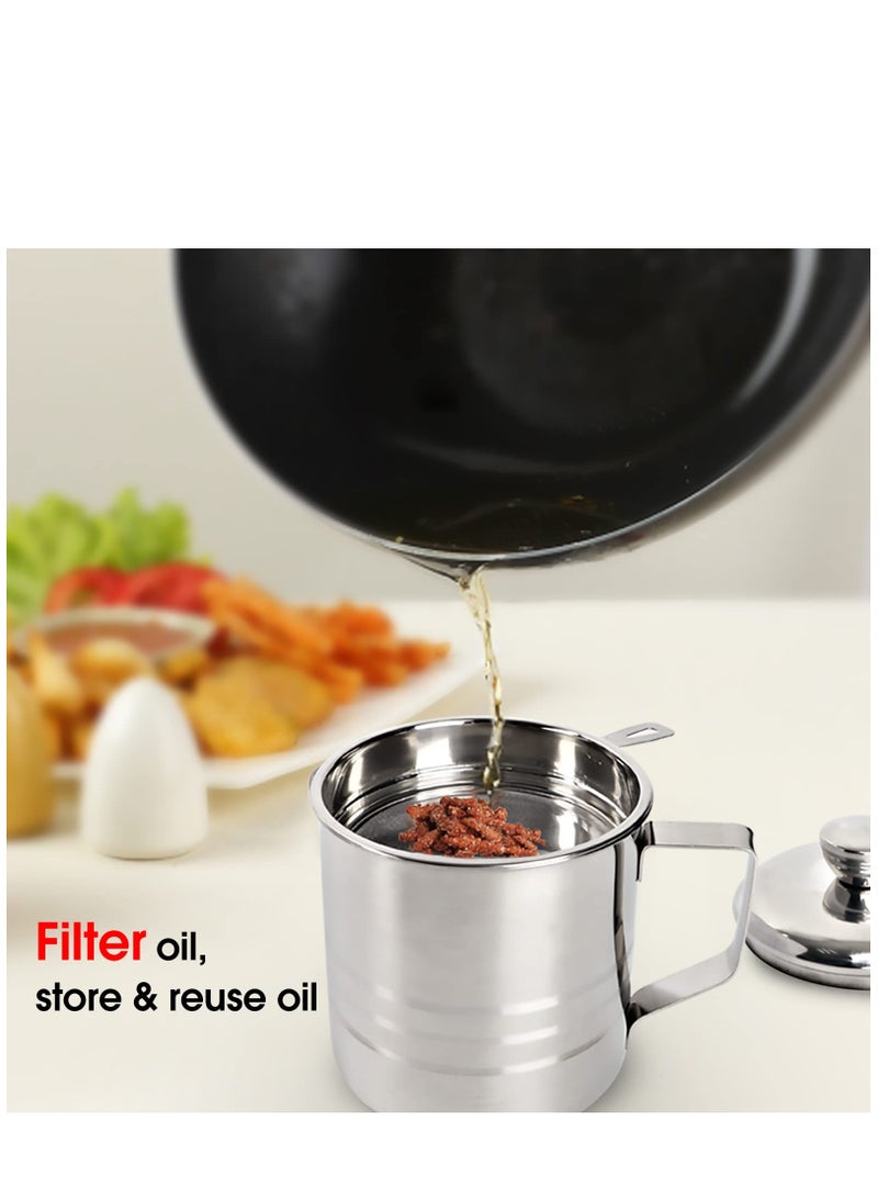 1.2L Oil Strainer Container Stainless Steel Kitchen Cooking Oil Storage Pot Grease Keeper with Detachable Fine Mesh Filter