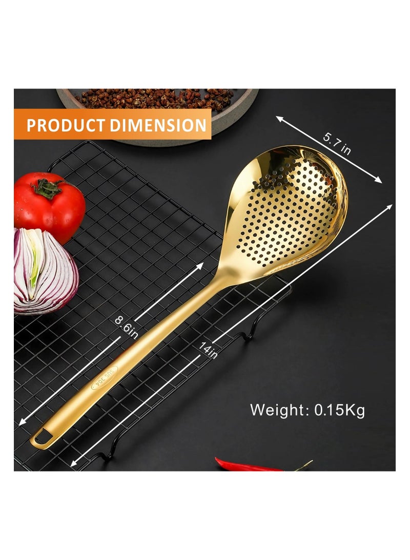 Large Gold Serving Slotted Spoon, 304 Stainless Steel Set, Stainless Steel Soup Ladle Spoon, Metal Gravy Ladle, Solid Slotted Spoon for Mixing, Serving, Stirring, Salad, Soup (14 Inch)