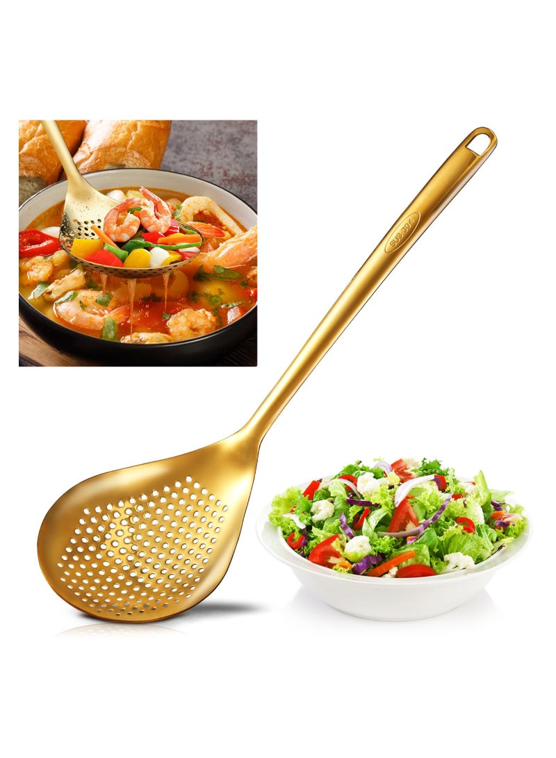 Large Gold Serving Slotted Spoon, 304 Stainless Steel Set, Stainless Steel Soup Ladle Spoon, Metal Gravy Ladle, Solid Slotted Spoon for Mixing, Serving, Stirring, Salad, Soup (14 Inch)