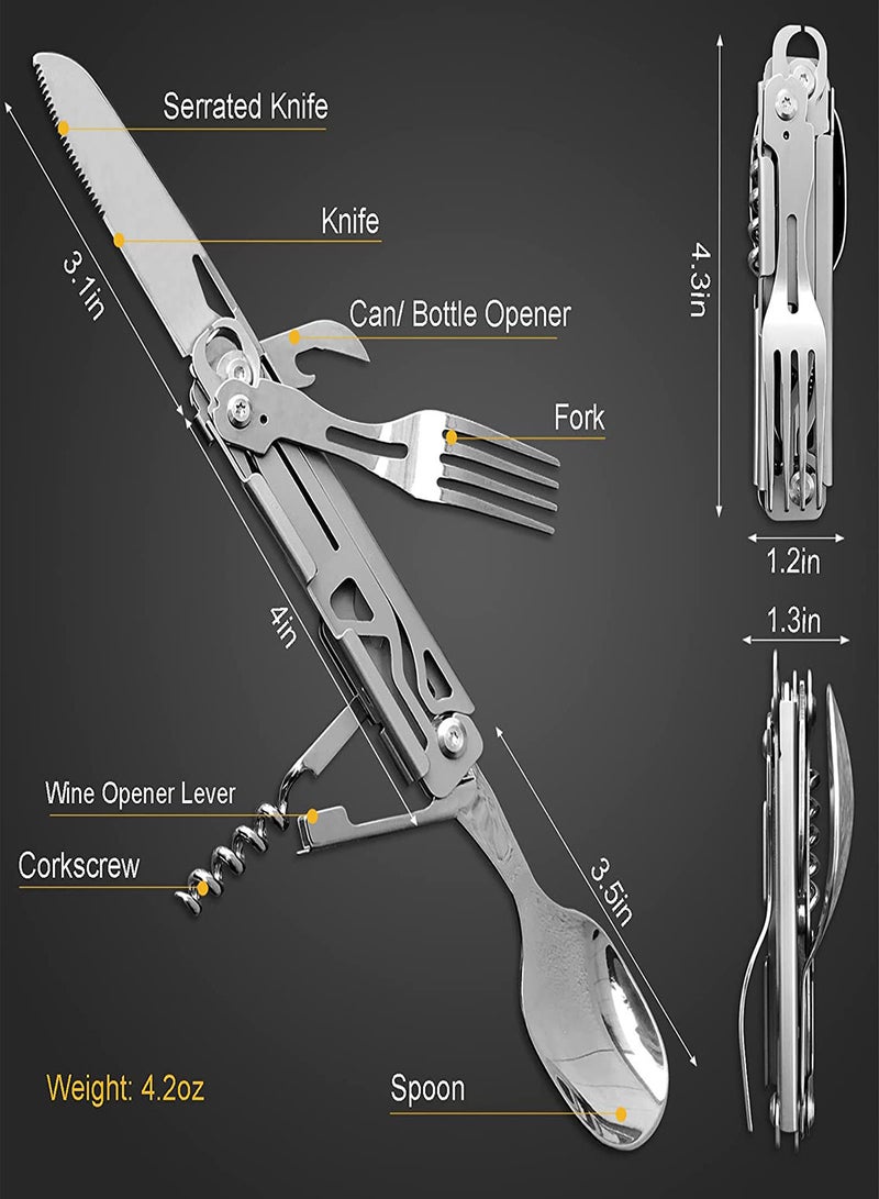 Folding Camping Cutlery Set 5 in-1 Multifunctional Travel Pocket Cutlery Folding Spoon Fork Knife Bottle Opener Can Portable Set Utensil for Travel Hiking Picnic with Drawstring Pouch