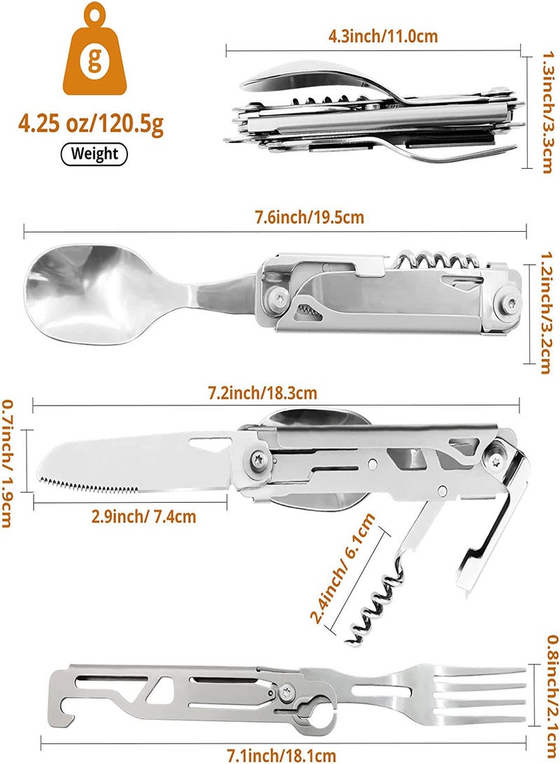 Folding Camping Cutlery Set 5 in-1 Multifunctional Travel Pocket Cutlery Folding Spoon Fork Knife Bottle Opener Can Portable Set Utensil for Travel Hiking Picnic with Drawstring Pouch