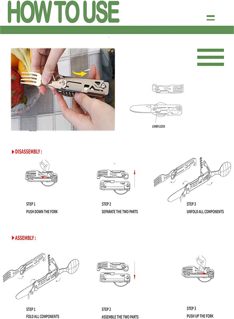 Folding Camping Cutlery Set 5 in-1 Multifunctional Travel Pocket Cutlery Folding Spoon Fork Knife Bottle Opener Can Portable Set Utensil for Travel Hiking Picnic with Drawstring Pouch