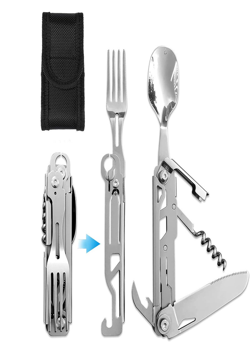 Folding Camping Cutlery Set 5 in-1 Multifunctional Travel Pocket Cutlery Folding Spoon Fork Knife Bottle Opener Can Portable Set Utensil for Travel Hiking Picnic with Drawstring Pouch