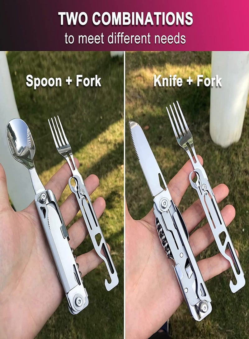 Folding Camping Cutlery Set 5 in-1 Multifunctional Travel Pocket Cutlery Folding Spoon Fork Knife Bottle Opener Can Portable Set Utensil for Travel Hiking Picnic with Drawstring Pouch