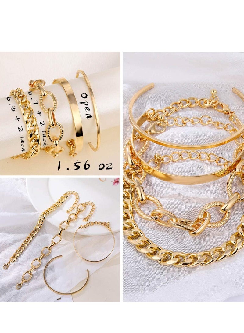 6 PACK 24 Pieces Boho Gold Chain Bracelets Set for Women Girls 14K Gold Plated Multiple Layered Stackable Open Cuff Wrap Bangle Adjustable Link Italian Cuban Jewelry for Women Girls Gift