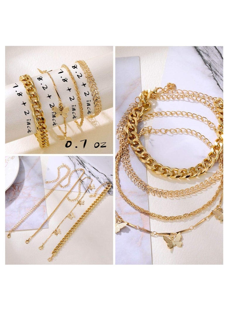 6 PACK 24 Pieces Boho Gold Chain Bracelets Set for Women Girls 14K Gold Plated Multiple Layered Stackable Open Cuff Wrap Bangle Adjustable Link Italian Cuban Jewelry for Women Girls Gift