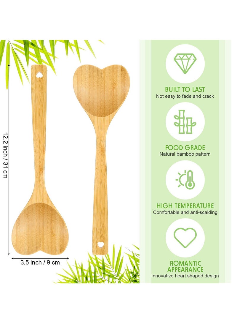 Syosi 2 Pieces Kitchen Bamboo Cooking Spoon Set 12.2 Inch Long Handle Heart Shaped Bamboo Kitchen Utensils Wooden Serving Mixing Spoon