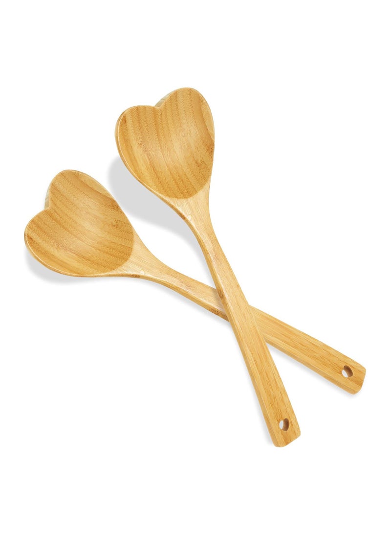 Syosi 2 Pieces Kitchen Bamboo Cooking Spoon Set 12.2 Inch Long Handle Heart Shaped Bamboo Kitchen Utensils Wooden Serving Mixing Spoon