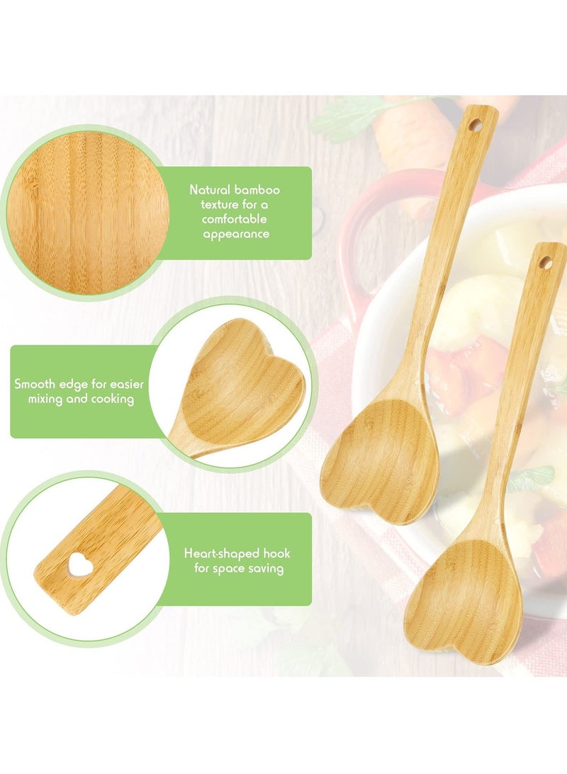 Syosi 2 Pieces Kitchen Bamboo Cooking Spoon Set 12.2 Inch Long Handle Heart Shaped Bamboo Kitchen Utensils Wooden Serving Mixing Spoon