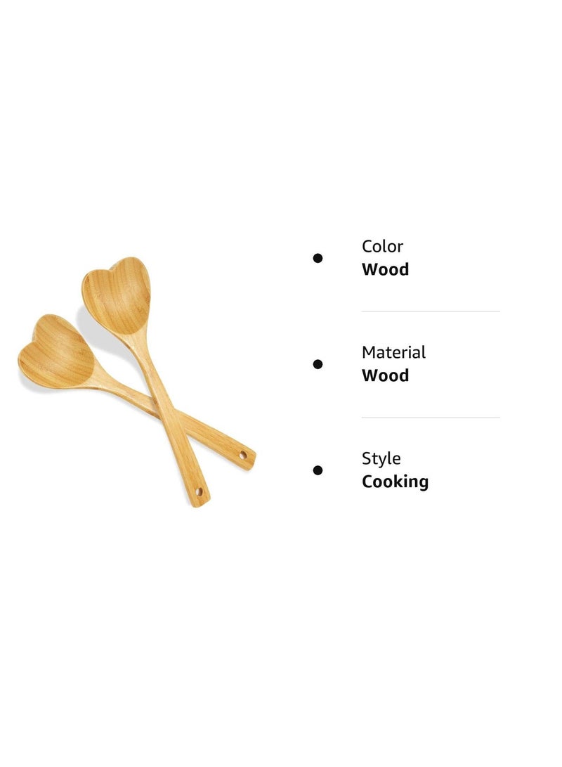 Syosi 2 Pieces Kitchen Bamboo Cooking Spoon Set 12.2 Inch Long Handle Heart Shaped Bamboo Kitchen Utensils Wooden Serving Mixing Spoon