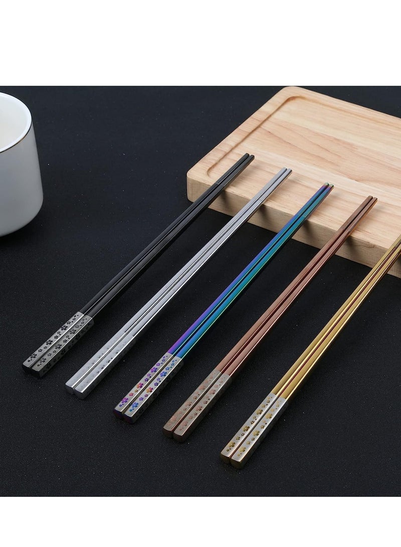 Stainless Steel Chopsticks Colorful Reusable Chopsticks Dishwasher Safe Metal Chopsticks Square Lightweight Chop Sticks Gift Set 5 Pairs