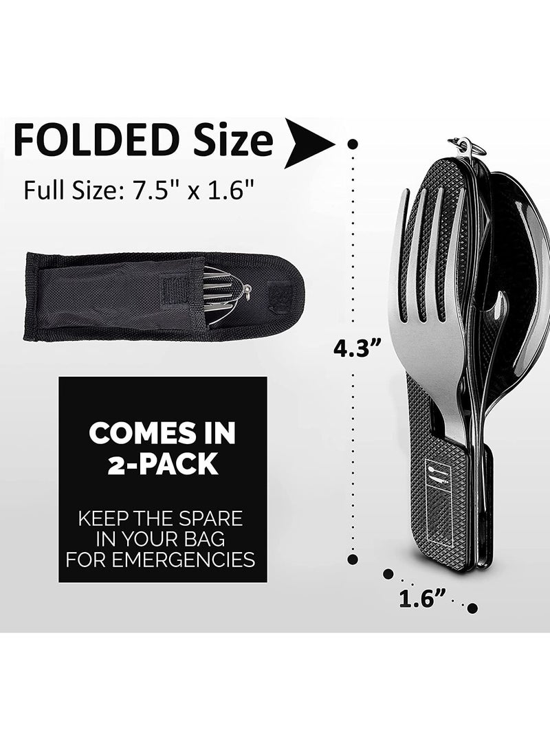 4-in-1 Camping Utensils 2 Pack Portable Stainless Steel Spoon Fork Knife & Bottle Opener Combo Set For Travel Backpacking Cutlery Multitool Folding Knife and Fork Spoon Combination Green