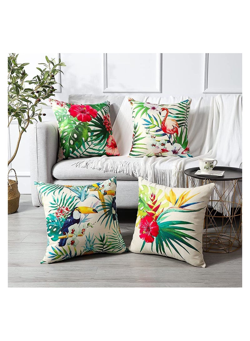 Set of 4 Waterproof Decorative Throw Pillow Covers for Outdoor and Indoor Use Ideal for Patio Garden Living Room and Sofa Decor, 18x18 Inches with Tropical Plants and Birds Design