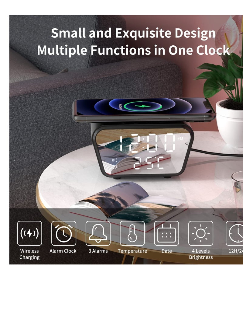 Wireless Charging Alarm Clock with Adjustable Brightness LED Display, 3 Alarms, Fast Charger for Qi-Enabled Phones, Digital Time and Temperature Display