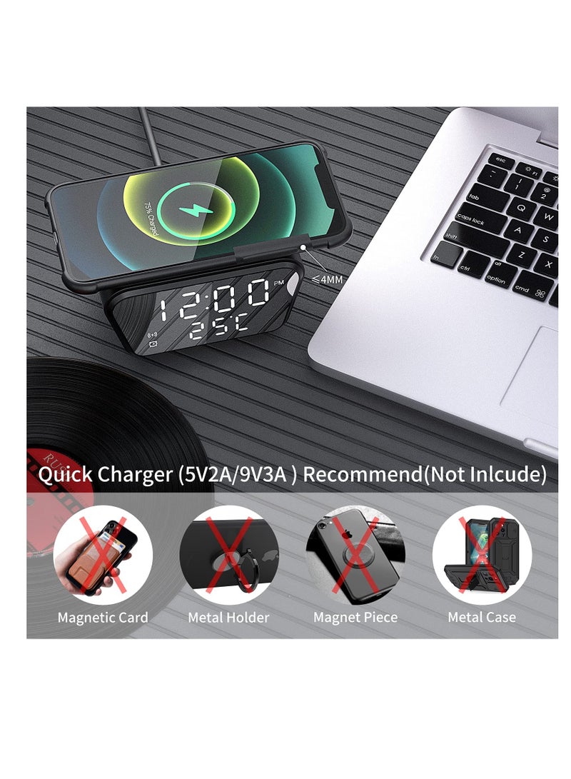 Wireless Charging Alarm Clock with Adjustable Brightness LED Display, 3 Alarms, Fast Charger for Qi-Enabled Phones, Digital Time and Temperature Display