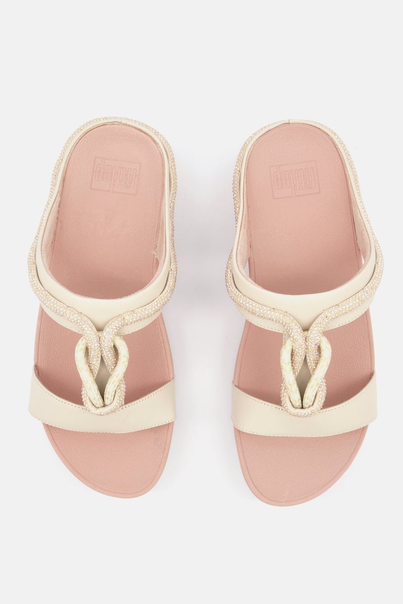 Women Crystal Cord Slide Sandals, Beige Combo