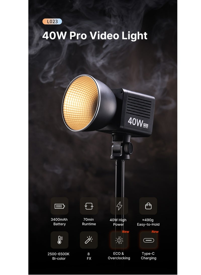 L023 40W Pro Portable LED Video Light Bi-Color COB Photographic Studio Light 2500K-6500K 3400mAh for Video Livestreaming