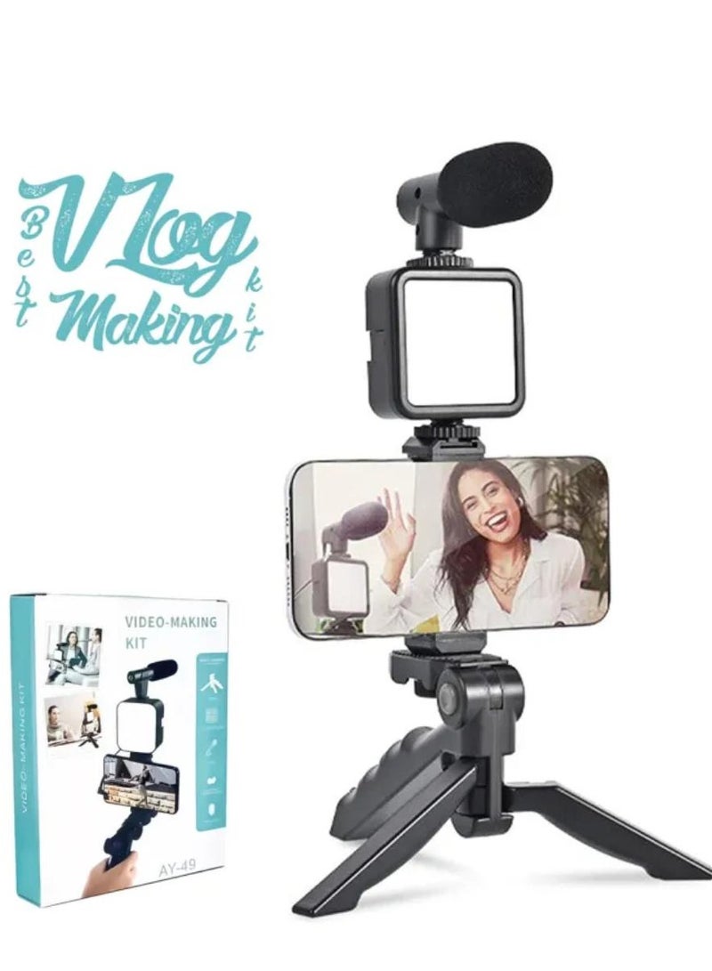 AY-49 Video Vlog Kit Accessories: Phone Tripod, Phone Mount, LED Light And Shotgun Microphone