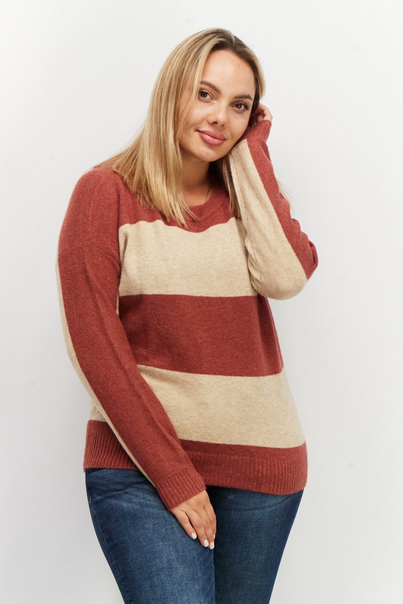 Women Round Neck Long Sleeve Knitted Sweaters, Beige/Red Combo