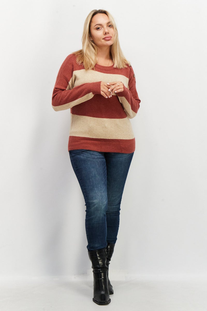 Women Round Neck Long Sleeve Knitted Sweaters, Beige/Red Combo