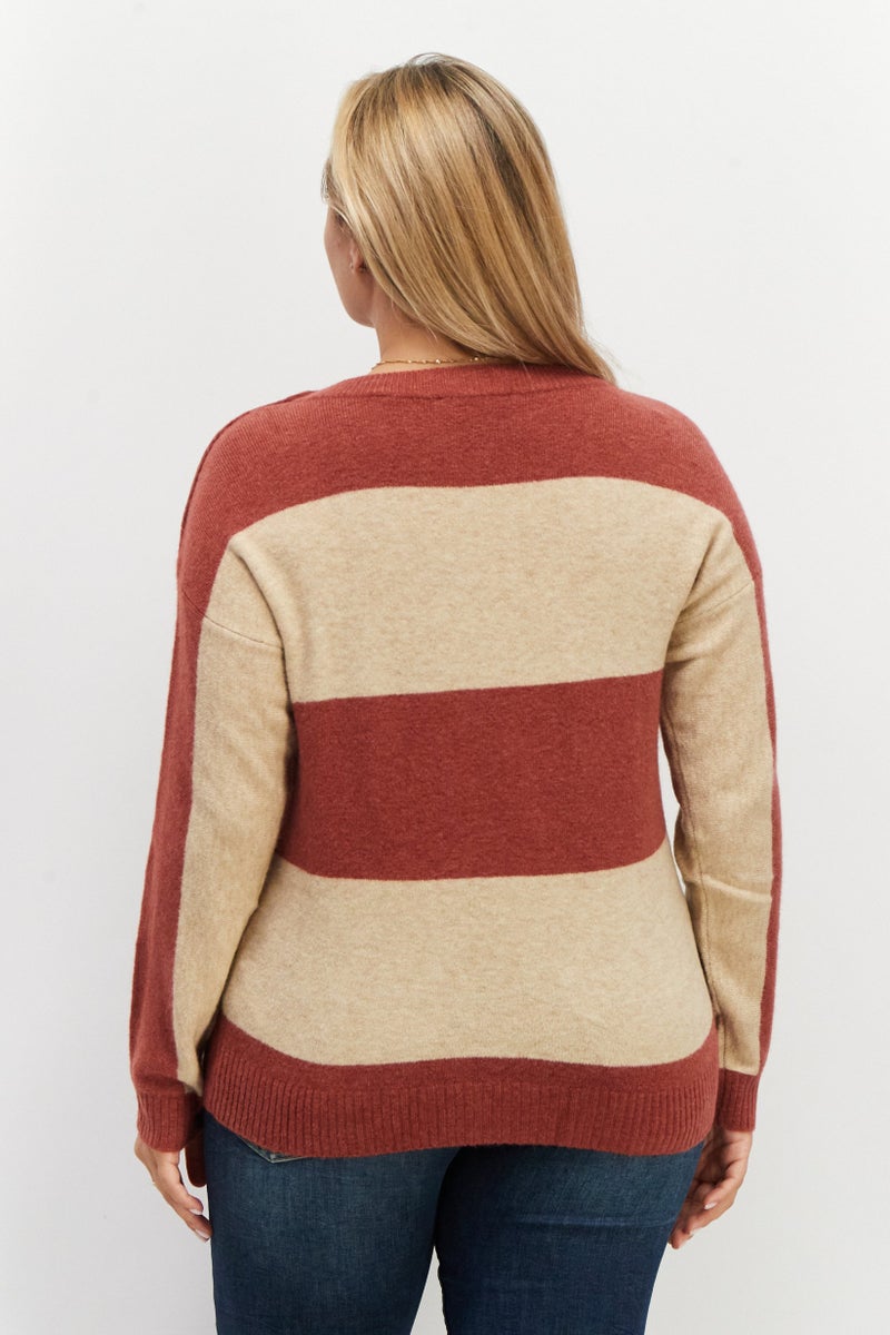 Women Round Neck Long Sleeve Knitted Sweaters, Beige/Red Combo