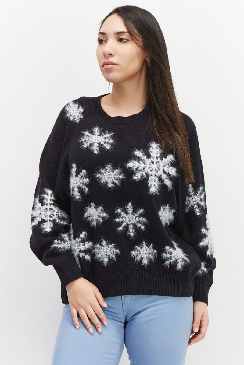 Women Crew Neck Textured Sweater, Black/White