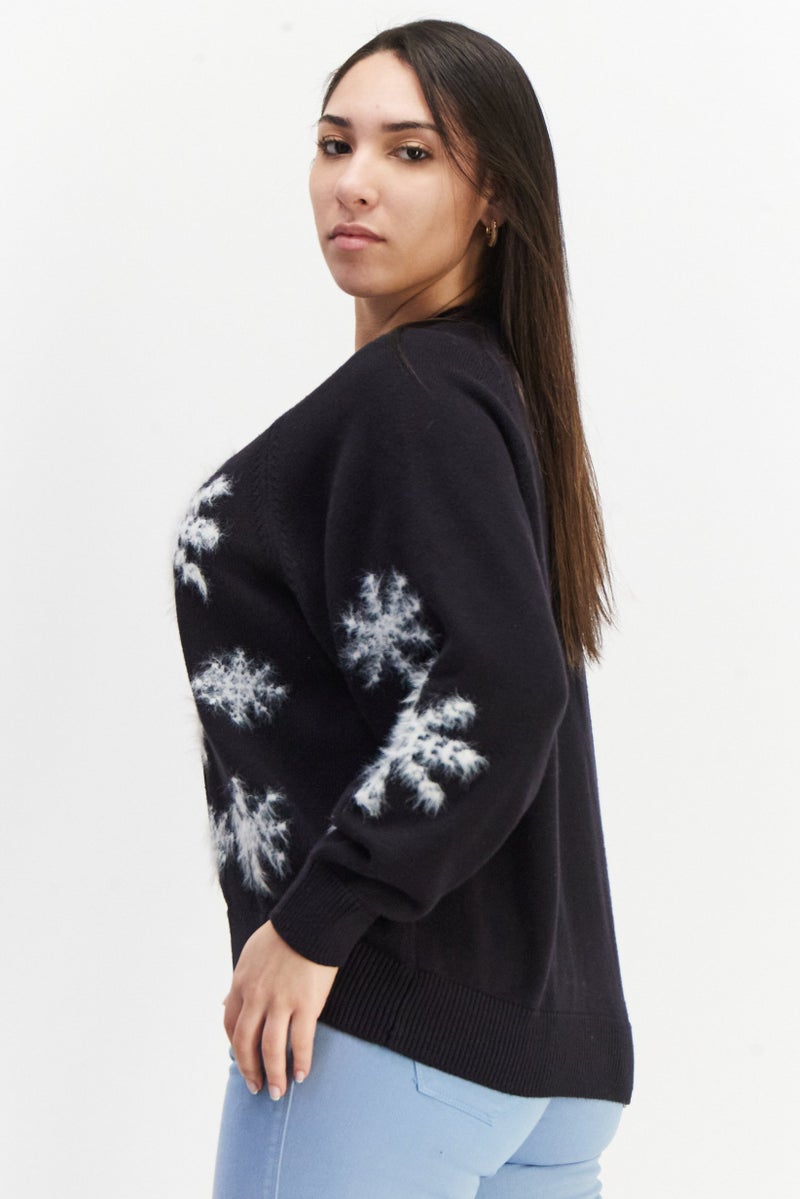 Women Crew Neck Textured Sweater, Black/White