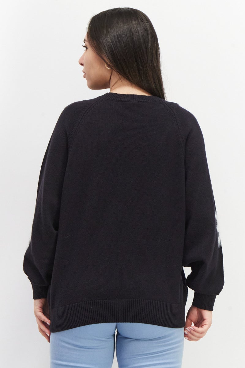 Women Crew Neck Textured Sweater, Black/White