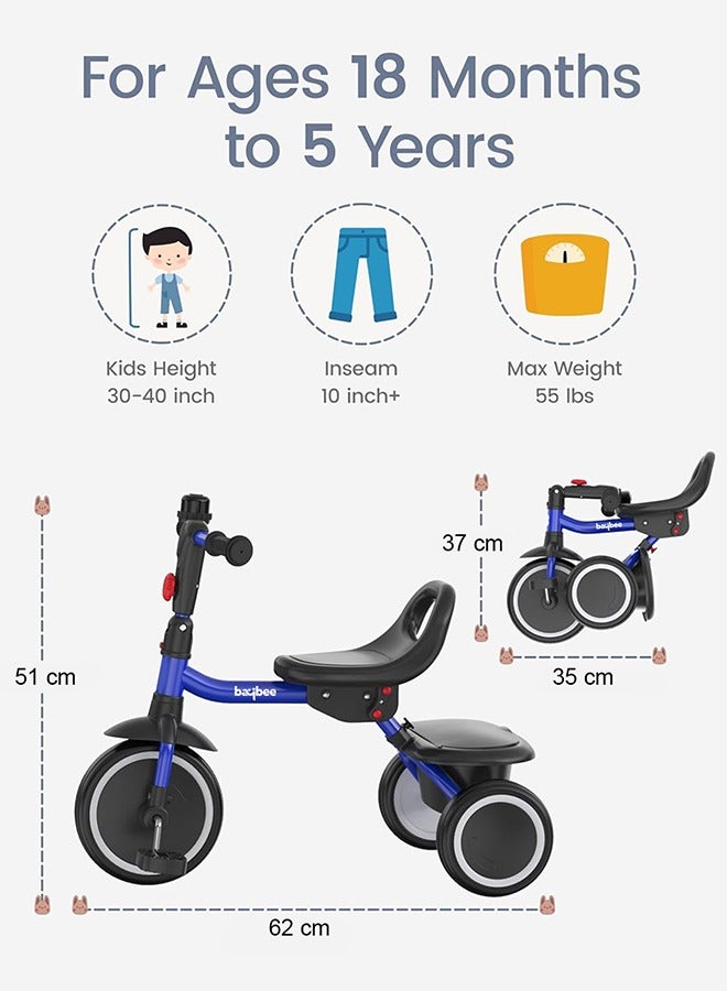 Baybee Foldable 2 in 1 Tricycle for Kids Baby Smart Plug & Play Kids Tricycle Cycle with Rear Storage Basket & Bell 3 Wheels Tricycle Bicycle Baby Tricycle Cycle for Kids 2 to 5 Years Boy Girl Blue