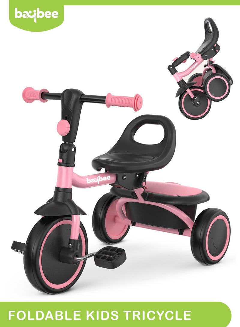 Baybee Foldable 2 in 1 Tricycle for Kids Baby Smart Plug & Play Kids Tricycle Cycle with Rear Storage Basket & Bell 3 Wheels Tricycle Bicycle Baby Tricycle Cycle for Kids 2 to 5 Years Boy Girl Pink