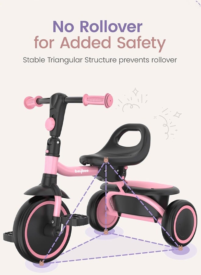 Baybee Foldable 2 in 1 Tricycle for Kids Baby Smart Plug & Play Kids Tricycle Cycle with Rear Storage Basket & Bell 3 Wheels Tricycle Bicycle Baby Tricycle Cycle for Kids 2 to 5 Years Boy Girl Pink