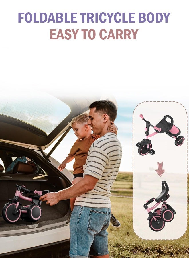 Baybee Foldable 2 in 1 Tricycle for Kids Baby Smart Plug & Play Kids Tricycle Cycle with Rear Storage Basket & Bell 3 Wheels Tricycle Bicycle Baby Tricycle Cycle for Kids 2 to 5 Years Boy Girl Pink