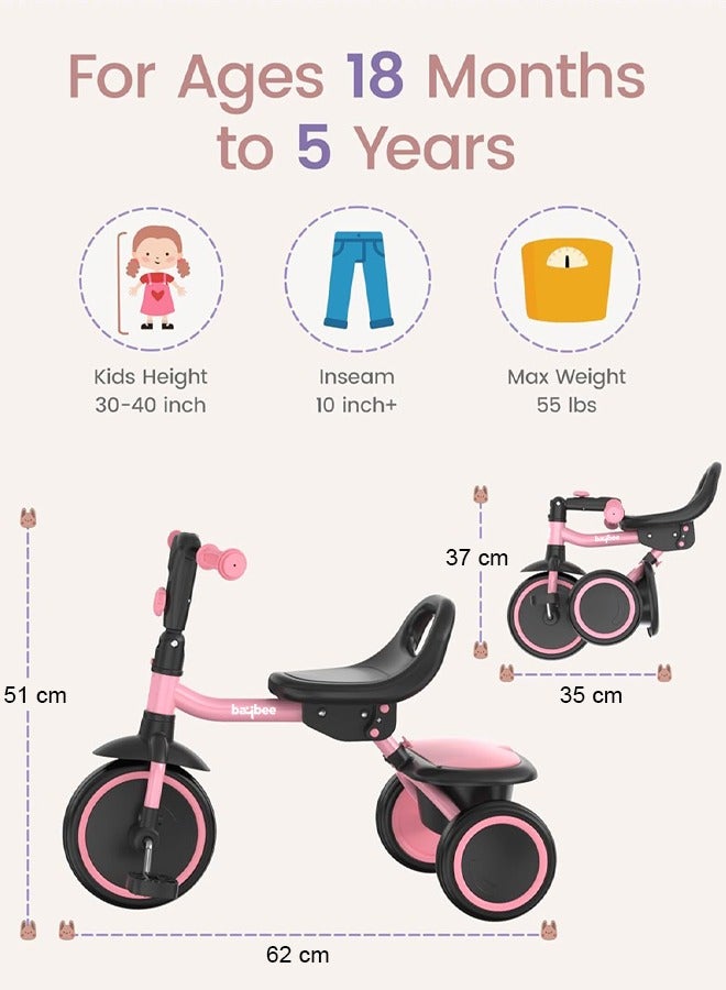 Baybee Foldable 2 in 1 Tricycle for Kids Baby Smart Plug & Play Kids Tricycle Cycle with Rear Storage Basket & Bell 3 Wheels Tricycle Bicycle Baby Tricycle Cycle for Kids 2 to 5 Years Boy Girl Pink