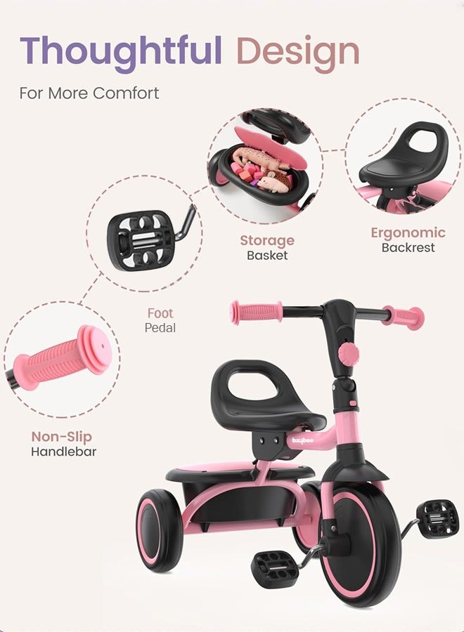 Baybee Foldable 2 in 1 Tricycle for Kids Baby Smart Plug & Play Kids Tricycle Cycle with Rear Storage Basket & Bell 3 Wheels Tricycle Bicycle Baby Tricycle Cycle for Kids 2 to 5 Years Boy Girl Pink