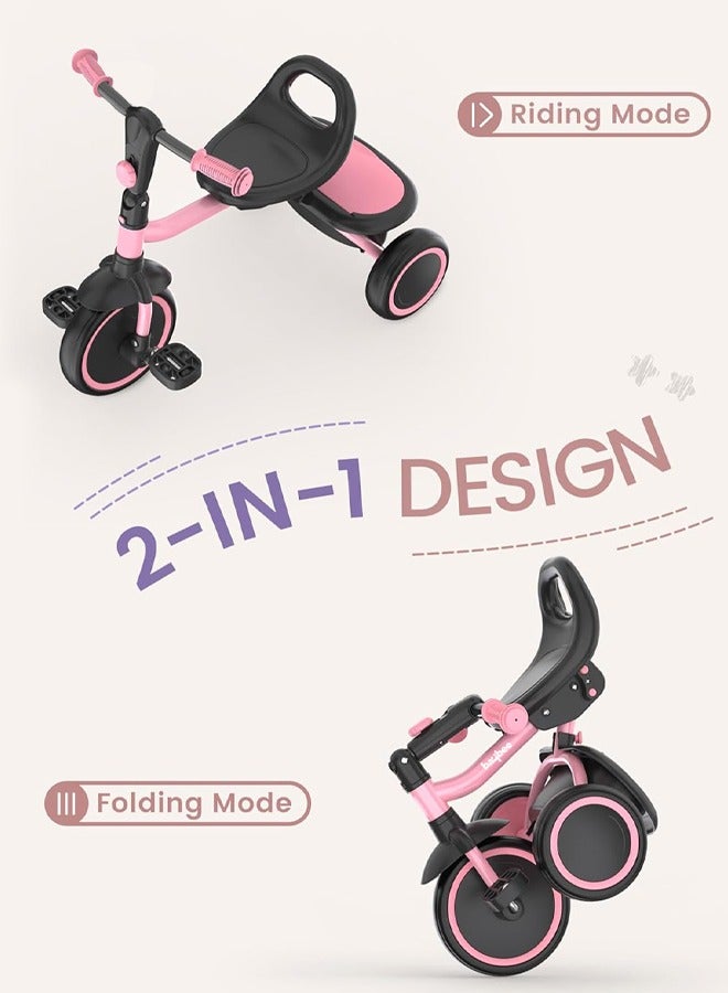 Baybee Foldable 2 in 1 Tricycle for Kids Baby Smart Plug & Play Kids Tricycle Cycle with Rear Storage Basket & Bell 3 Wheels Tricycle Bicycle Baby Tricycle Cycle for Kids 2 to 5 Years Boy Girl Pink