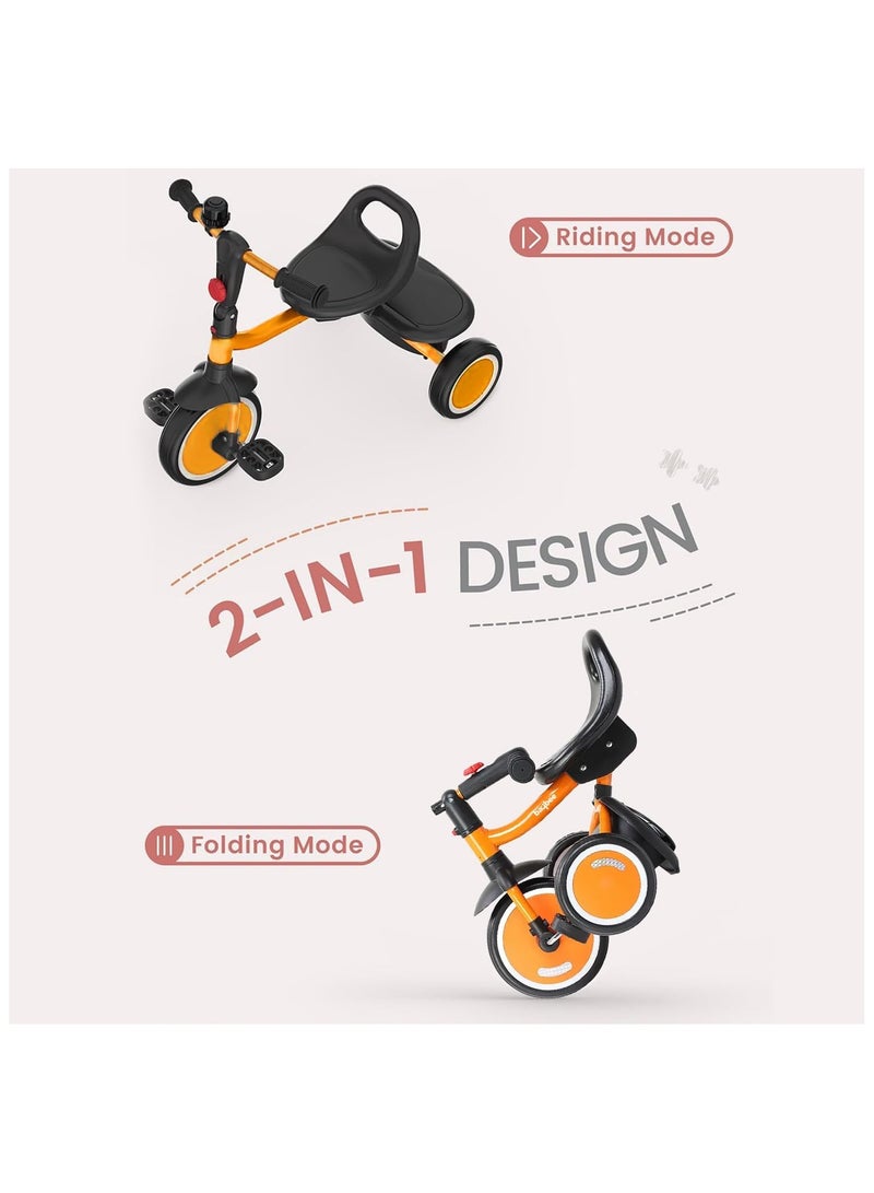 Baybee Foldable 2 in 1 Tricycle for Kids Baby Smart Plug & Play Kids Tricycle Cycle with Rear Storage Basket & Bell 3 Wheels Tricycle Bicycle Baby Tricycle Cycle for Kids 2 to 5 Years Boy Girl Orange