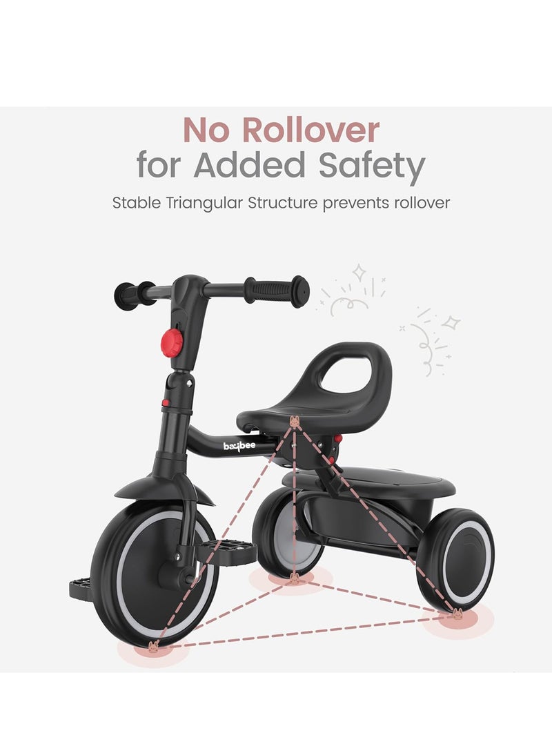 Baybee Foldable 2 in 1 Tricycle for Kids Baby Smart Plug & Play Kids Tricycle Cycle with Rear Storage Basket & Bell 3 Wheels Tricycle Bicycle Baby Tricycle Cycle for Kids 2 to 5 Years Boy Girl Black