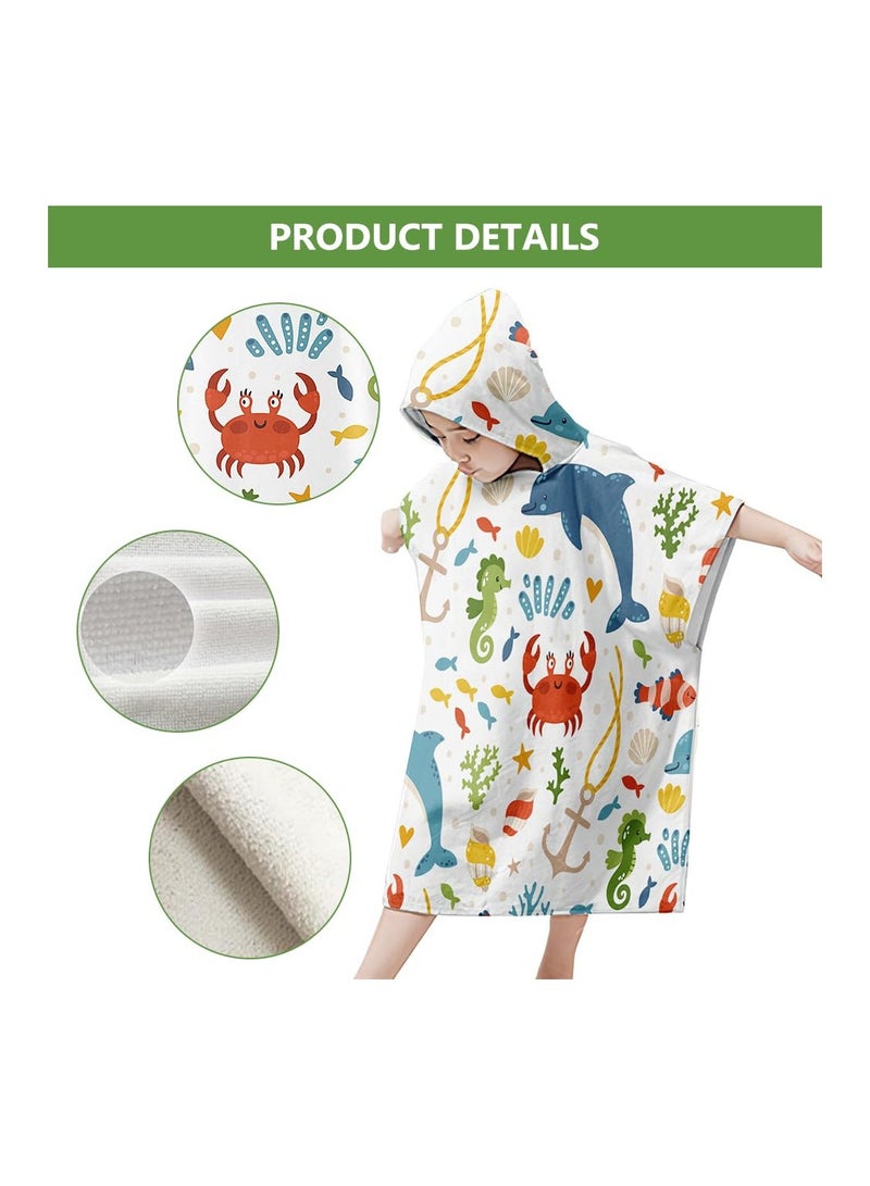 Hooded Poncho Towels for Kids, Beach Towel Poncho for Children Baby Kids Toddler, 75 x 65cm Microfibre Swimming Beach Bath Towel with Sea Animals, Swimming Beach Toweling Robe for Girls Boys