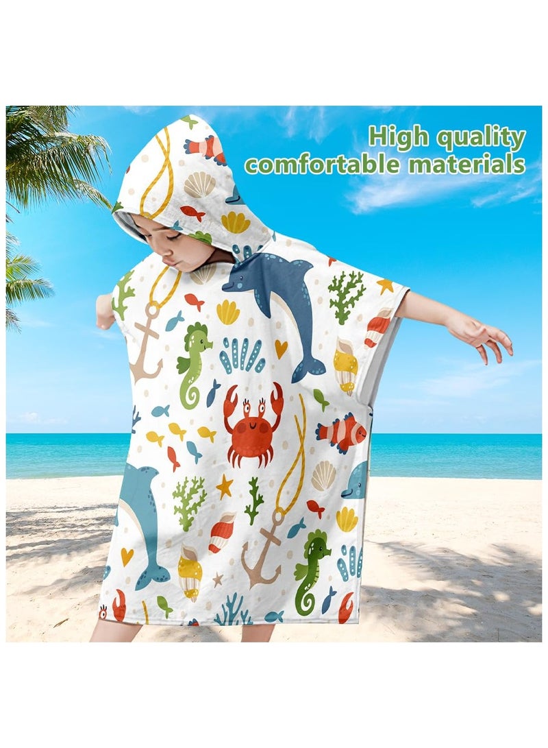 Hooded Poncho Towels for Kids, Beach Towel Poncho for Children Baby Kids Toddler, 75 x 65cm Microfibre Swimming Beach Bath Towel with Sea Animals, Swimming Beach Toweling Robe for Girls Boys