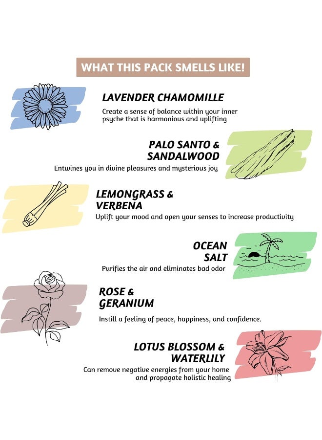 Incense Sticks-Pack Of 6 Incenses - 6X20 Sticks Lavender Chamomile Palo Santo Sandalwood Lemongrass Ocean Salt Rose Geranium Spiritual Gifts Organic And Slow Burning A Fresh Start
