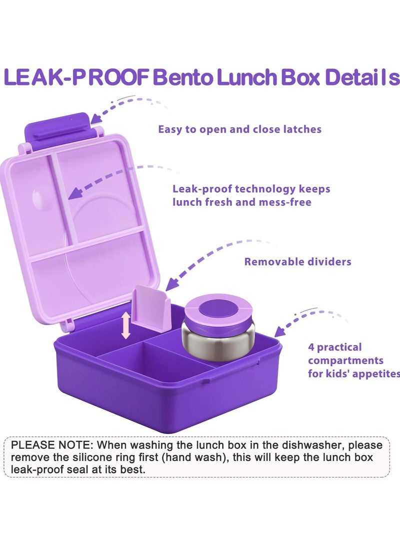 Snack Attack Bento Lunch Box for Kids school with 9.7oz Soup thermos, Leak-proof Lunch Containers with 5 Compartment, thermos Food Jar, Food Containers for School Purple color