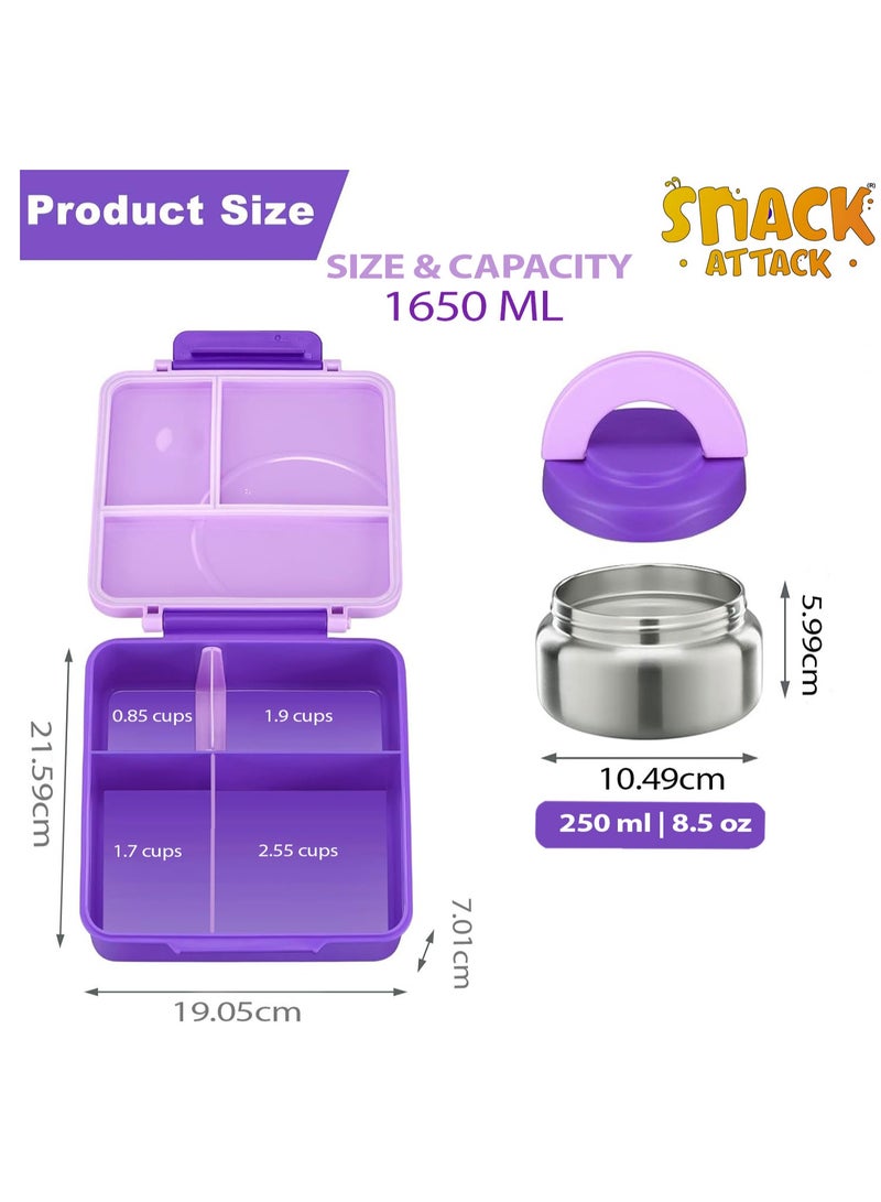 Snack Attack Bento Lunch Box for Kids school with 9.7oz Soup thermos, Leak-proof Lunch Containers with 5 Compartment, thermos Food Jar, Food Containers for School Purple color