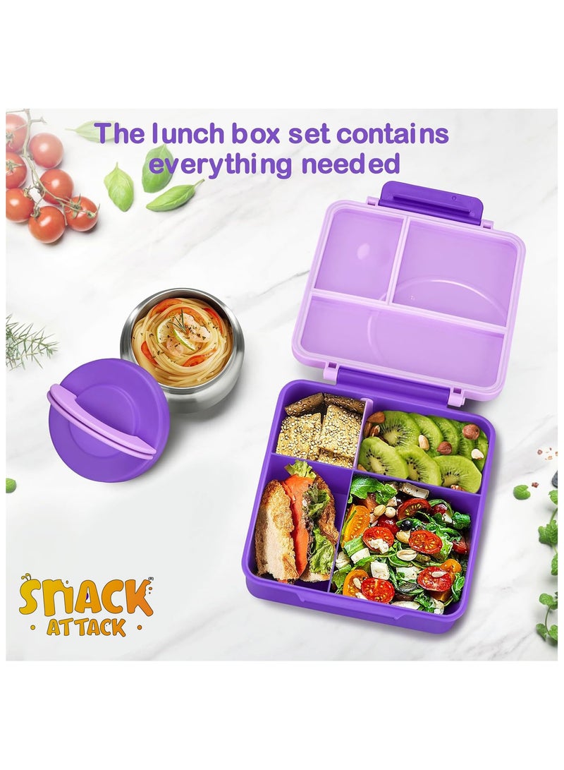Snack Attack Bento Lunch Box for Kids school with 9.7oz Soup thermos, Leak-proof Lunch Containers with 5 Compartment, thermos Food Jar, Food Containers for School Purple color