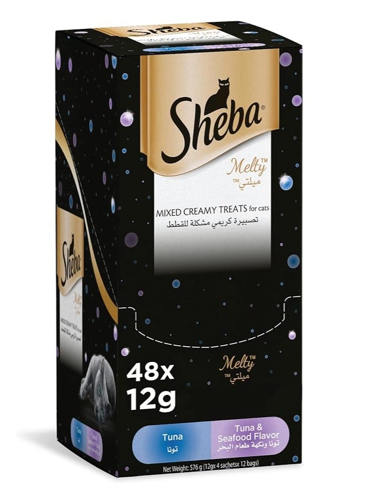 Sheba Cat wet Food, Melty Mixed Creamy Treats Tuna & Seafood Flavor, 2 Pouches Tuna, Tuna&Seafood, Pack of 48x12g