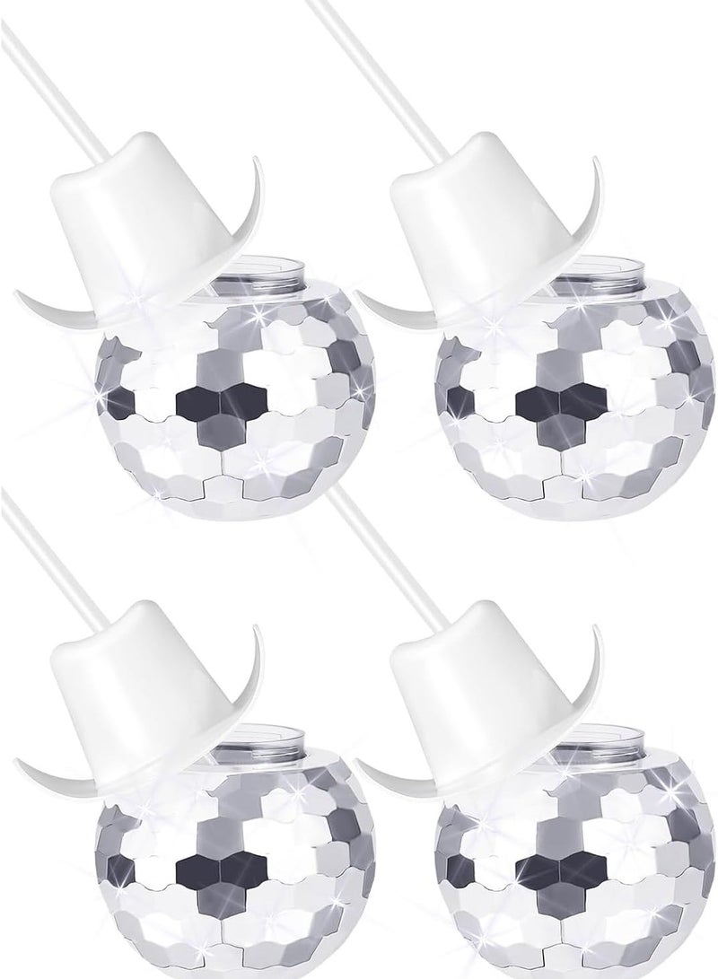 Disco Ball Cups White Cowboy Hat Party With Straws 70S Mirror Sequins Cup Sparkling Cowgirl Tumbler Glass For 1970S Dance Bachelorette Decorations (White 4 Pieces )