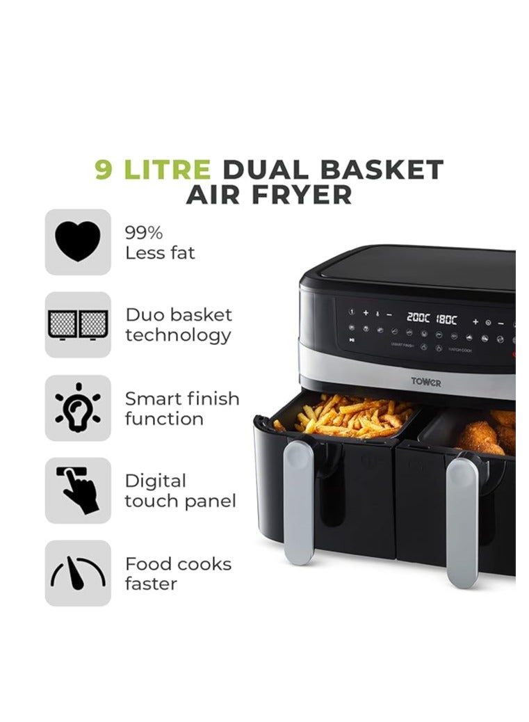 Tower T17088 Vortx 9L Dual Basket Air Fryer with Smart Finish, 2600W, Black