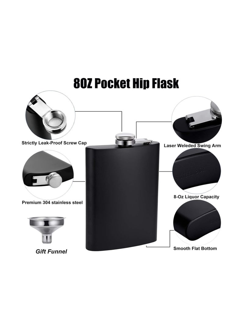 Matte Black Stainless Steel Hip Flask with Leakproof Funnel, 8 oz Drinking Flask for Camping, Perfect Gift for Weddings, Groomsmen, and Bridesmaids