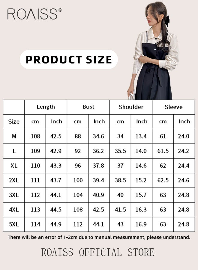 2 in 1 Colorblock Belted Shirt Dress for Women Comfy and Breathable Waistming Temperament Long Sleeve A-Line Mid-Rise Dress Ladies Stylish Slim Fit Dress Ideal for Office Commute or Daily Wear
